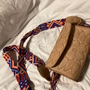 Floral Tan Leather Bag with Colorful Strap new no tags